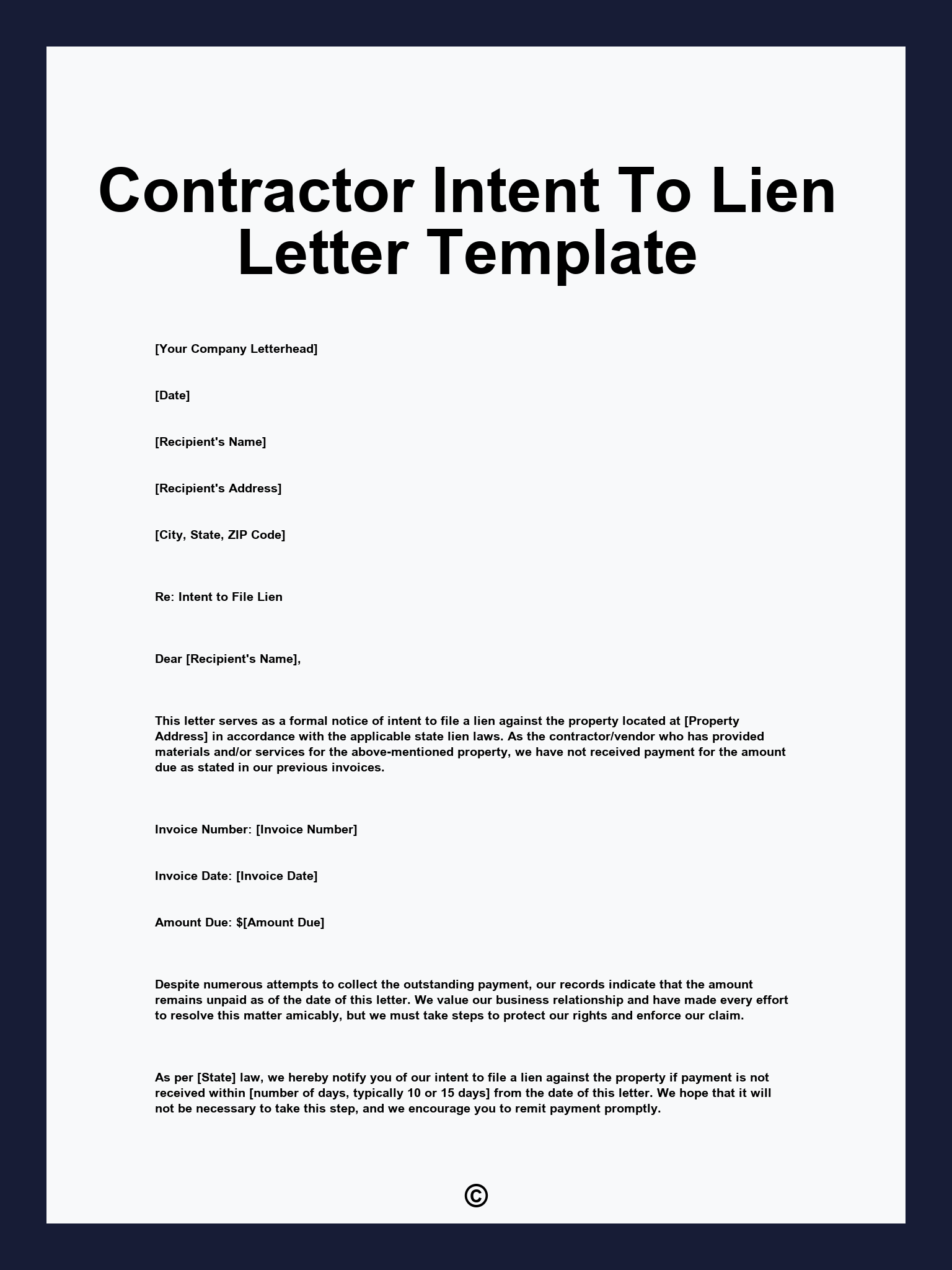 Contractor Intent To Lien Letter Template