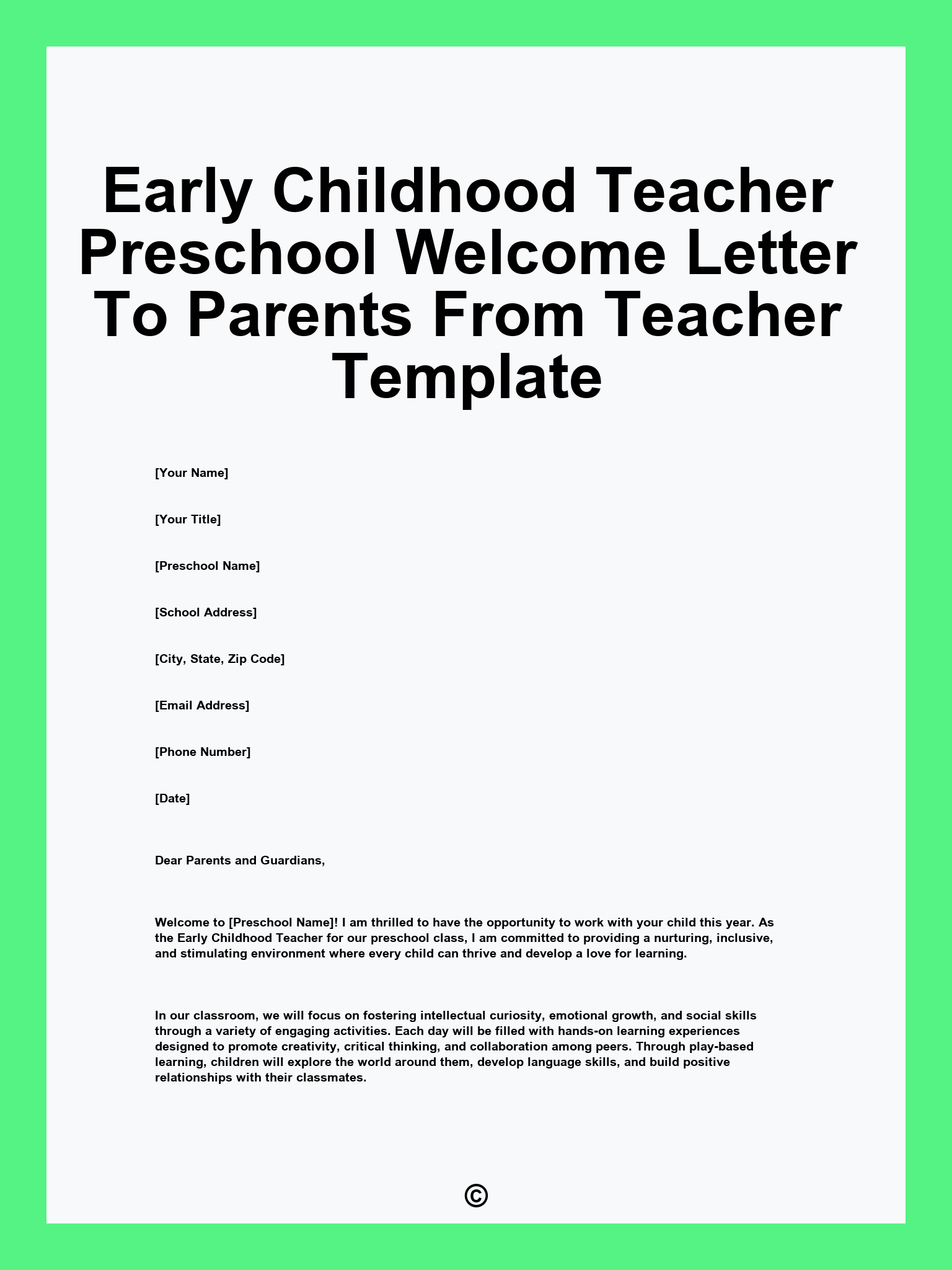 Early Childhood Teacher Preschool Welcome Letter To Parents From Teacher Template