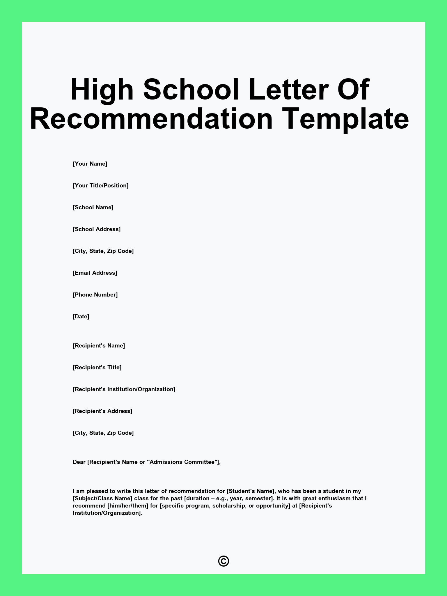 High School Letter Of Recommendation Template