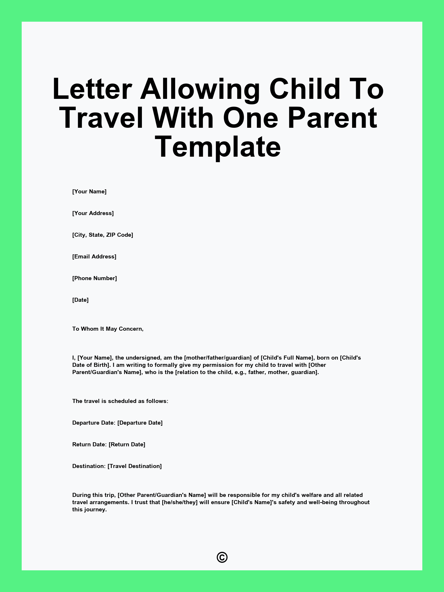 Letter Allowing Child To Travel With One Parent Template
