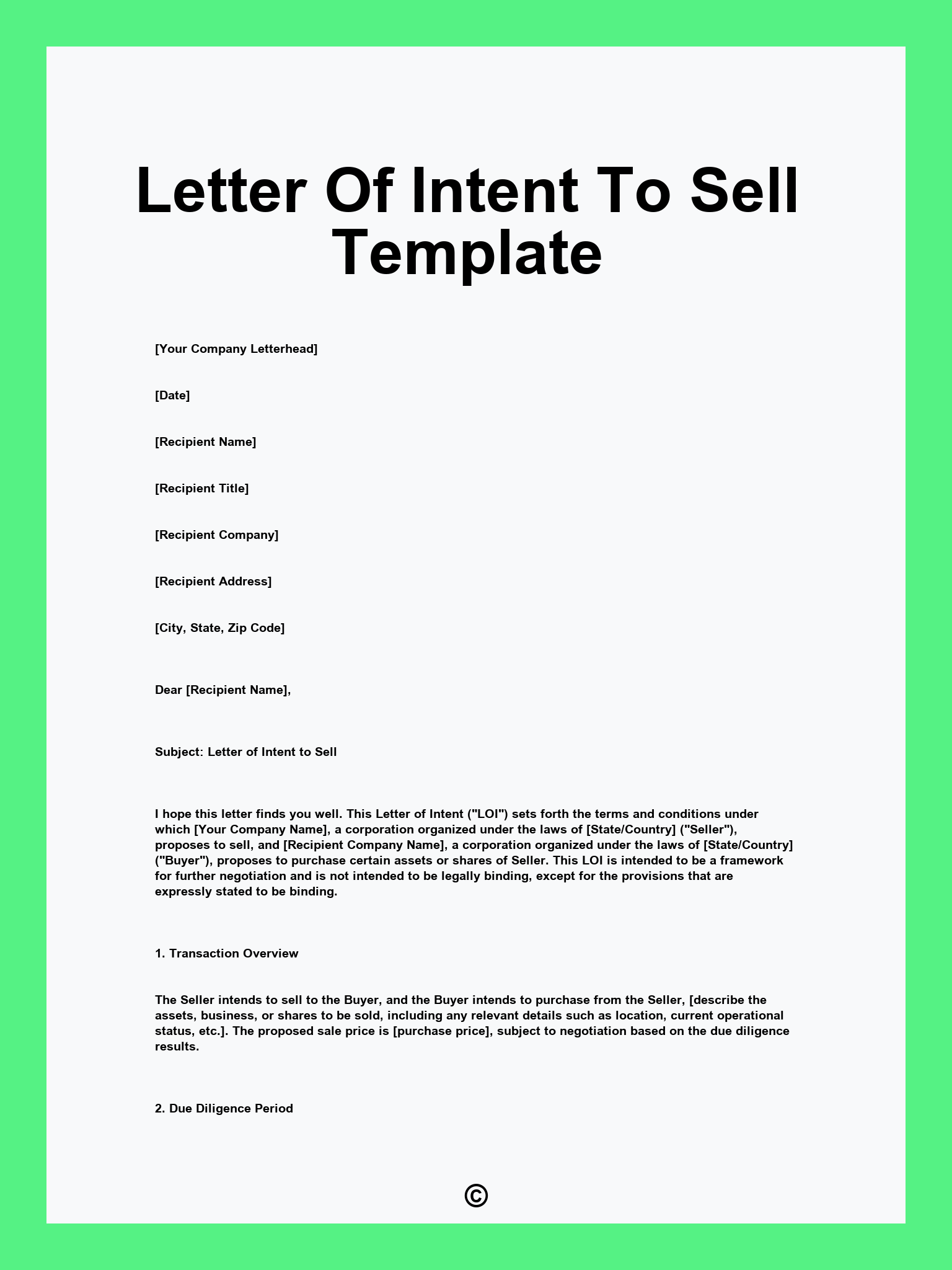 Letter Of Intent To Sell Template