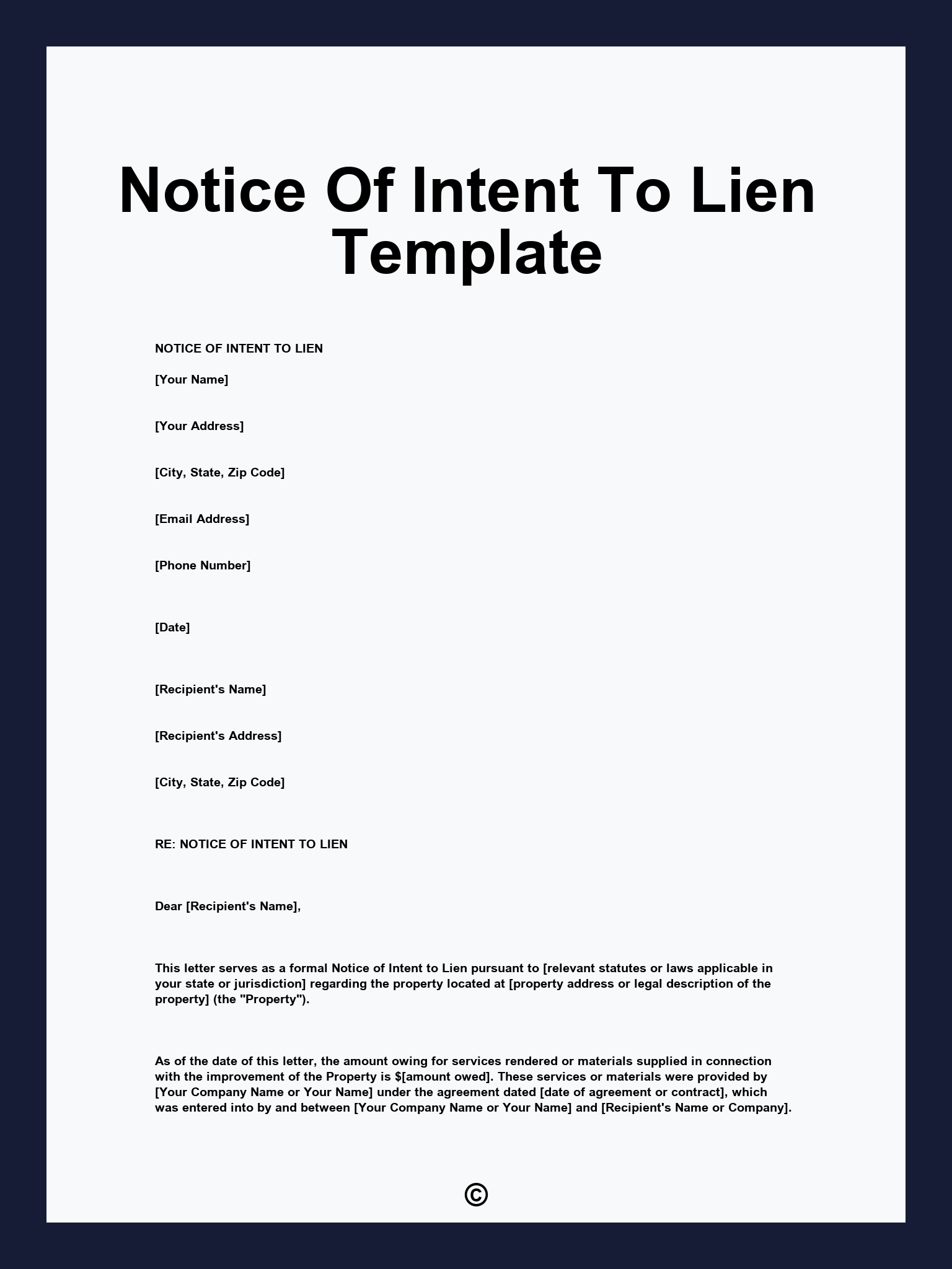 Notice Of Intent To Lien Template