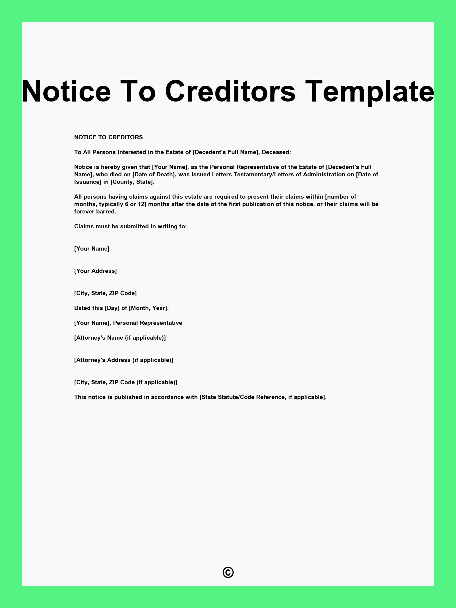 Notice To Creditors Template