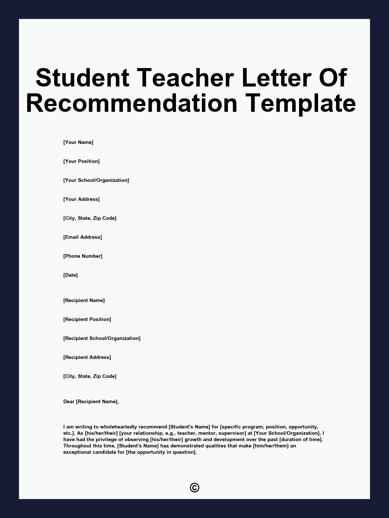 Student Teacher Letter Of Recommendation Template