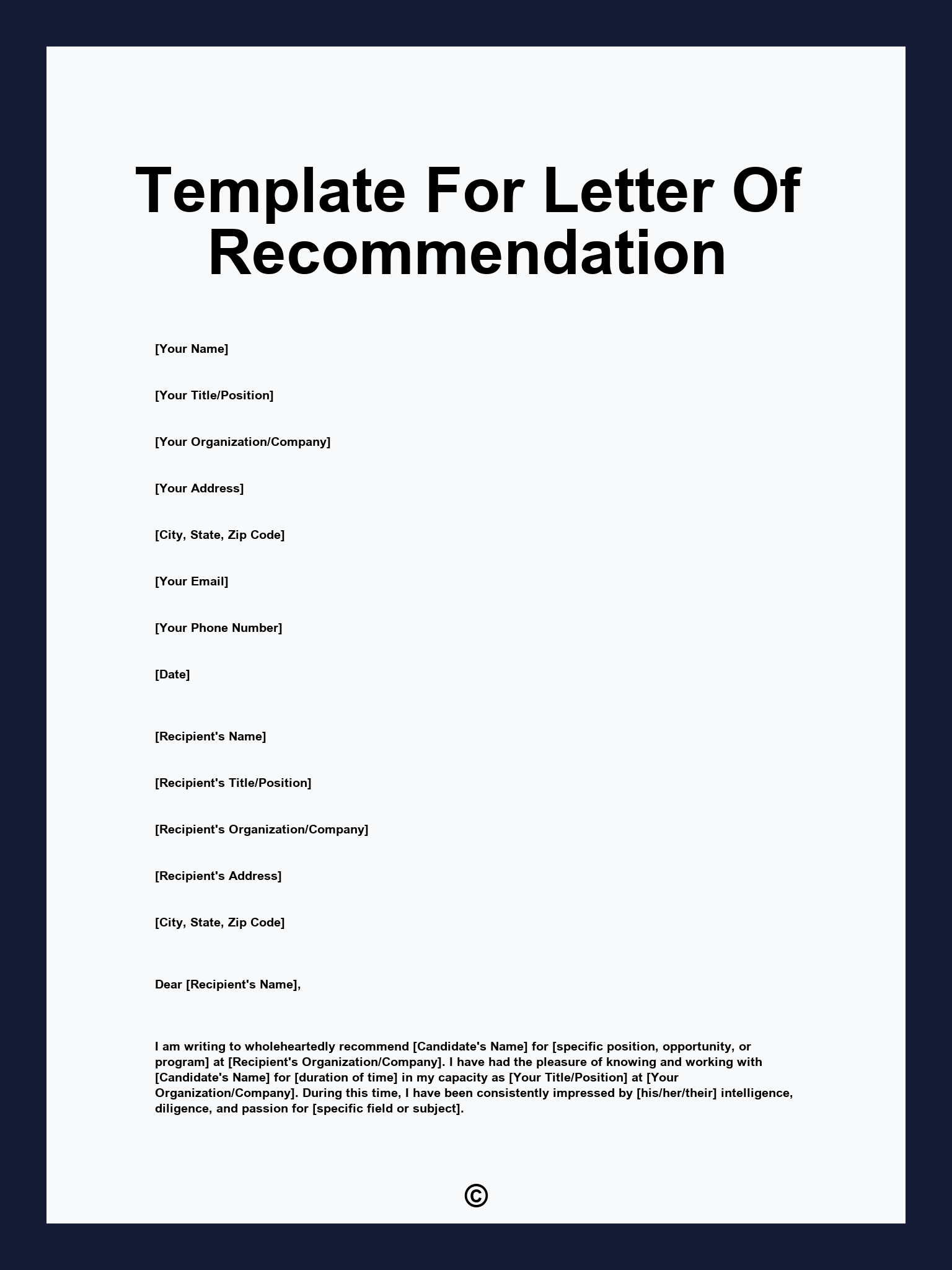 Template For Letter Of Recommendation