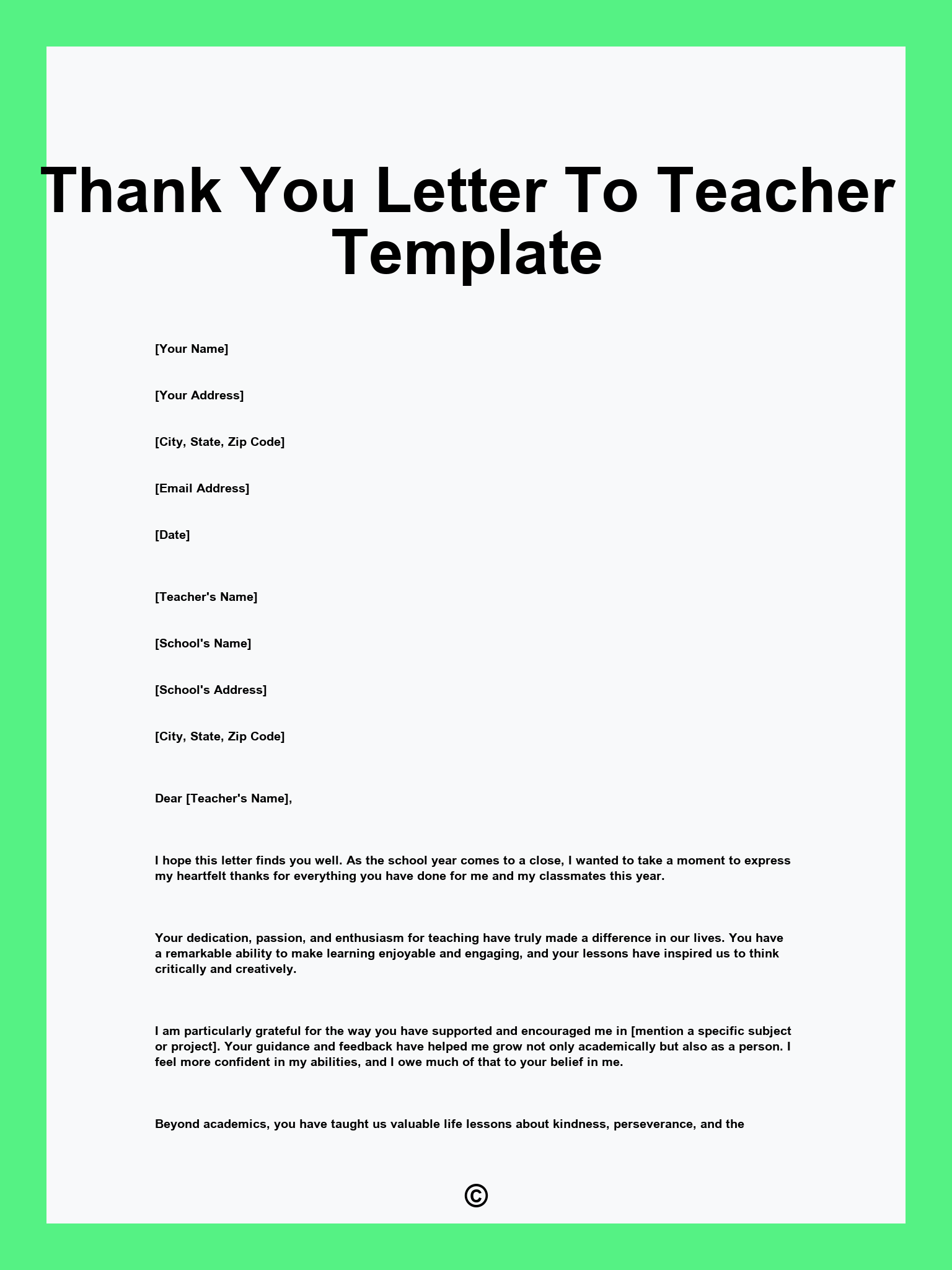 Thank You Letter To Teacher Template