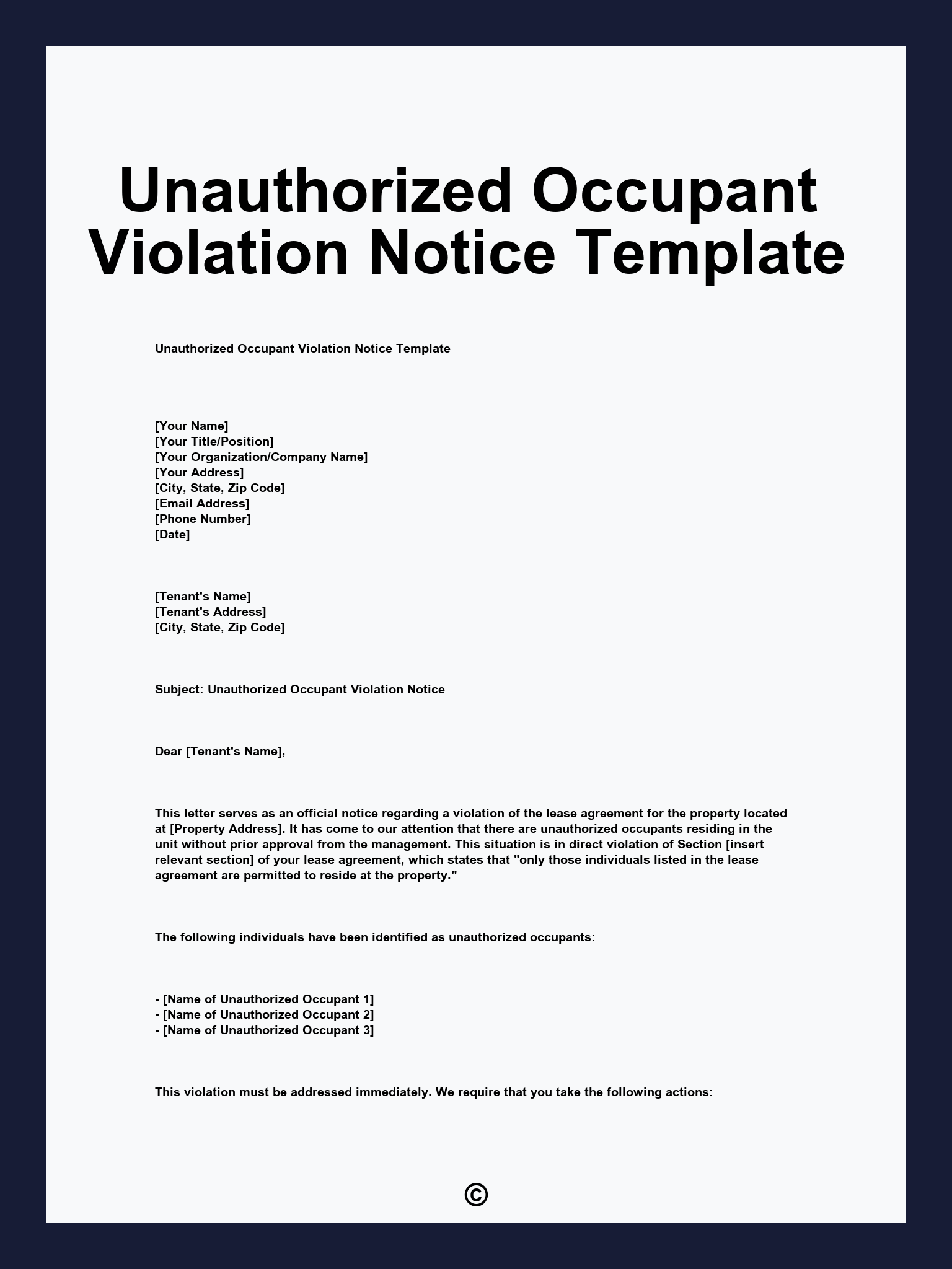 Unauthorized Occupant Violation Notice Template
